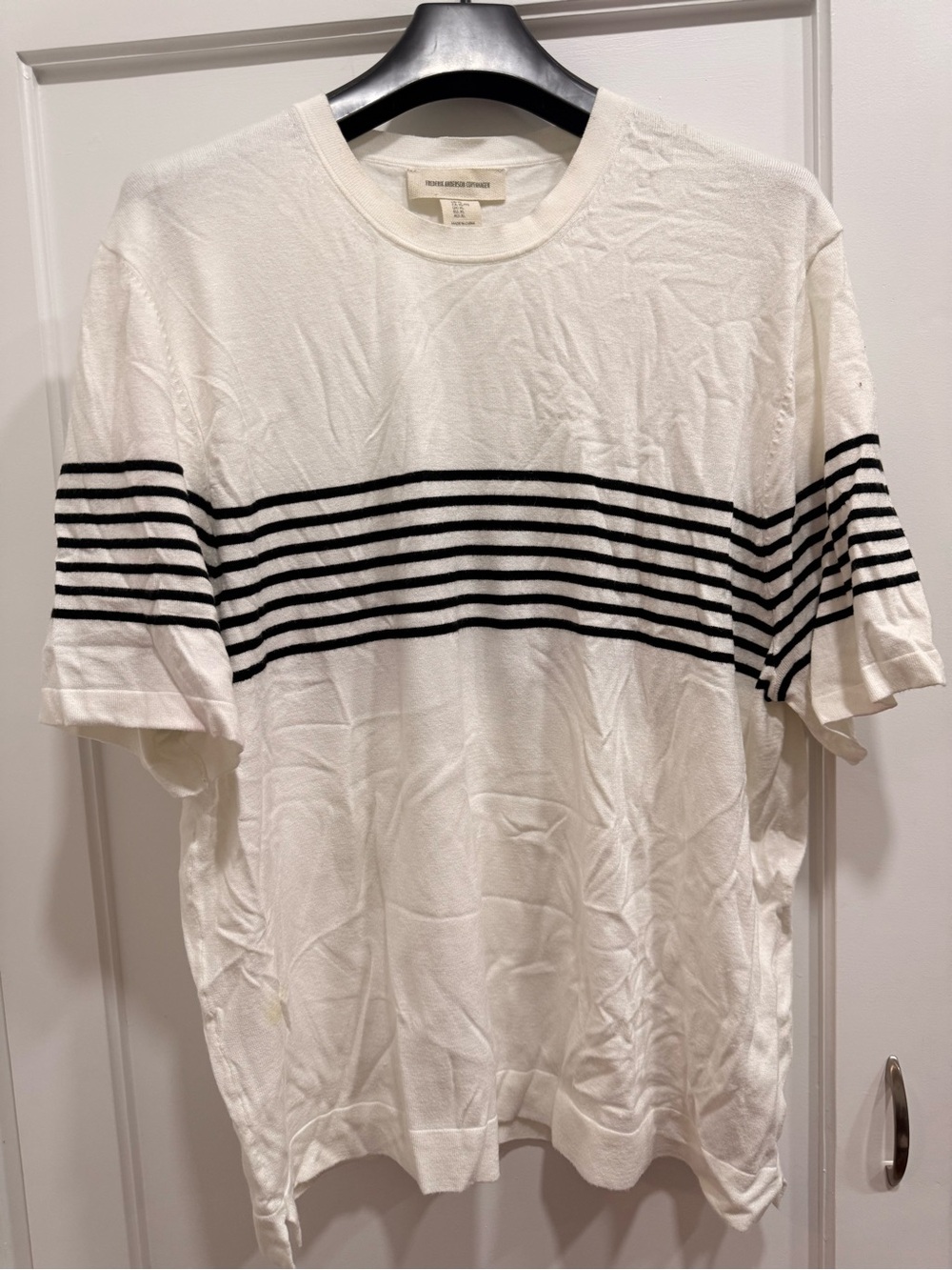 White Men’s Short-Sleeve Knit Shirt with Black Stripes